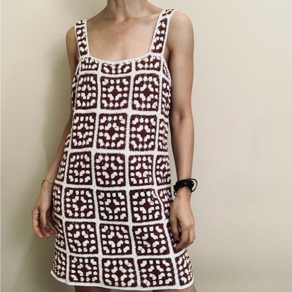 NEW🌅MARINE LAYER Archive CELESTE CROCHET DRESS Brown/White - Picture 5 of 10